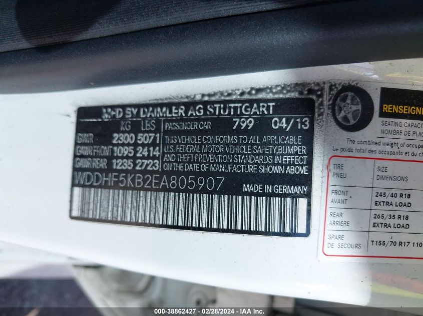 2014 Mercedes-Benz E 350 VIN: WDDHF5KB2EA805907 Lot: 43422878