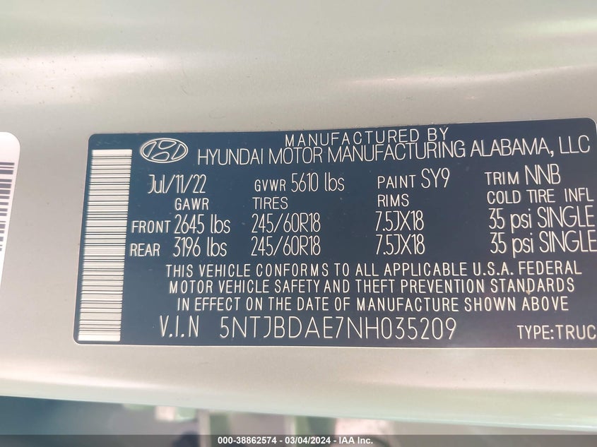 2022 HYUNDAI SANTA CRUZ SEL 5NTJBDAE7NH035209