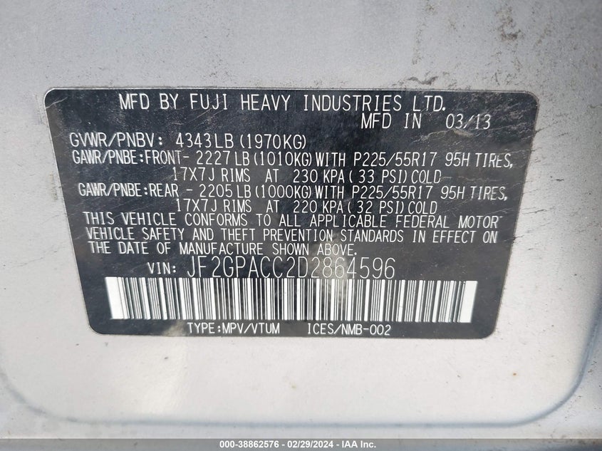 2013 SUBARU XV CROSSTREK 2.0I PREMIUM - JF2GPACC2D2864596