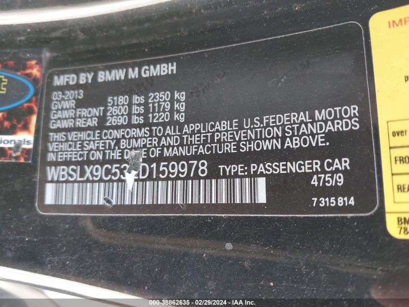 2014 BMW M6 VIN: WBSLX9C53ED159978 Lot: 38862635