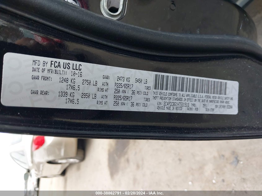 VIN 3C4PDCBG1HT531513 2017 DODGE JOURNEY SXT
