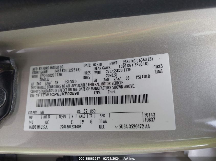 2018 Ford F-150 Supercrew VIN: 1FTEW1CP6JKF02598 Lot: 38863257