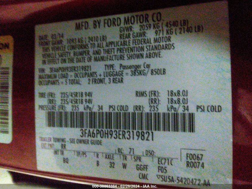 2014 FORD FUSION SE - 3FA6P0H93ER319821