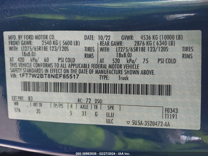 2022 FORD F-250 XLT - 1FT7W2BT8NEF85517