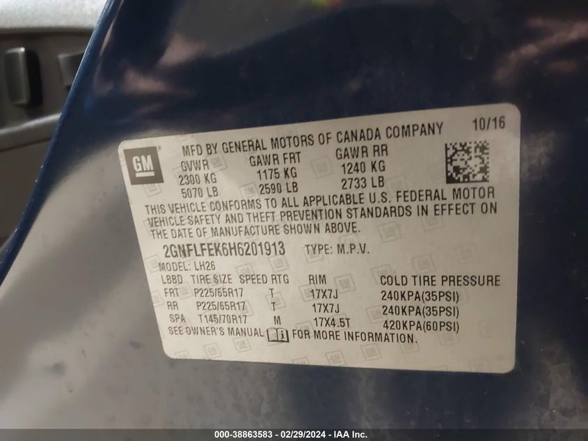 2017 CHEVROLET EQUINOX LT - 2GNFLFEK6H6201913