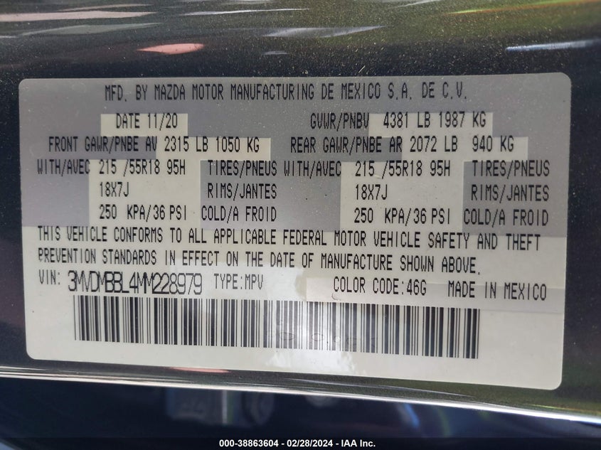 VIN 3MVDMBBL4MM228979 2021 MAZDA CX-30 SELECT