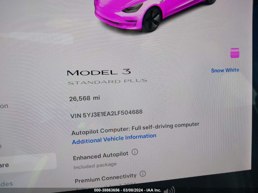 2020 Tesla Model 3 Standard Range Plus Rear-Wheel Drive/Standard Range Rear-Wheel Drive VIN: 5YJ3E1EA2LF504688 Lot: 38863656