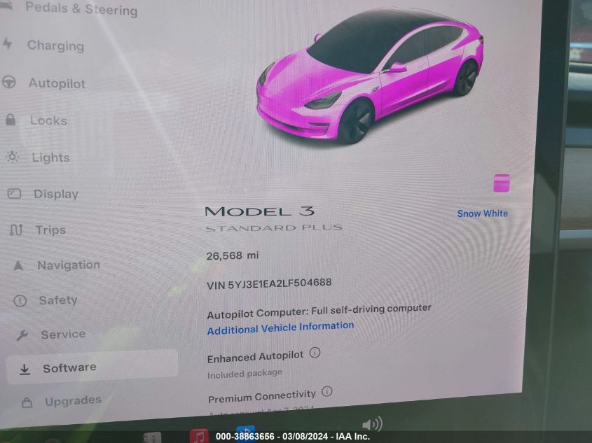 2020 Tesla Model 3 Standard Range Plus Rear-Wheel Drive/Standard Range Rear-Wheel Drive VIN: 5YJ3E1EA2LF504688 Lot: 38863656