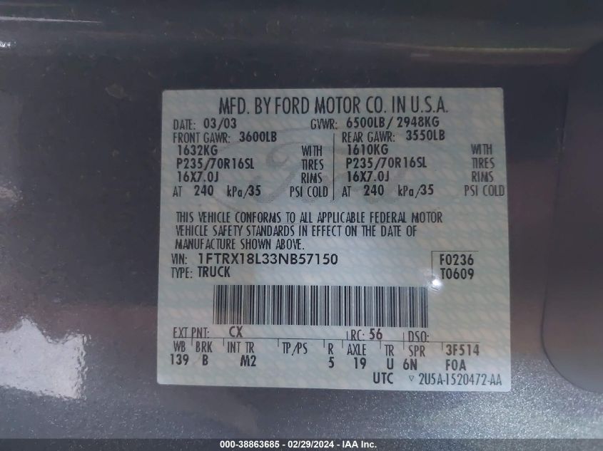 1FTRX18L33NB57150 2003 Ford F-150 Lariat/Xl/Xlt