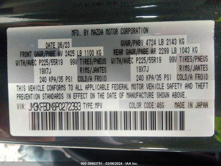VIN JM3KFBDM8P0272393 2023 MAZDA CX-5 PREMIUM