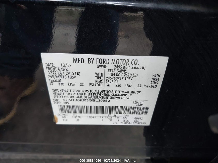 2016 LINCOLN MKX SELECT - 2LMTJ6KR3GBL39952