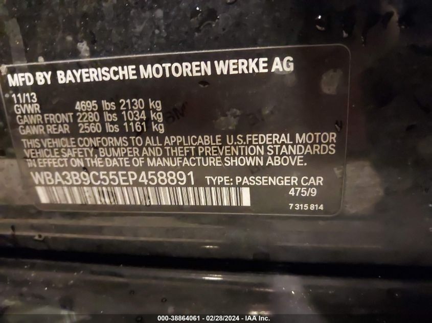 2014 BMW 335I xDrive VIN: WBA3B9C55EP458891 Lot: 38864061