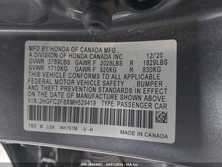 2021 HONDA CIVIC 2.0L I-4 DOHC, VVT, (VIN: 2HGFC2F8XMH529419