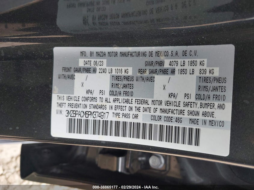 VIN 3MZBPACM6PM374917 2023 MAZDA MAZDA3 2.5 S PREFERRED