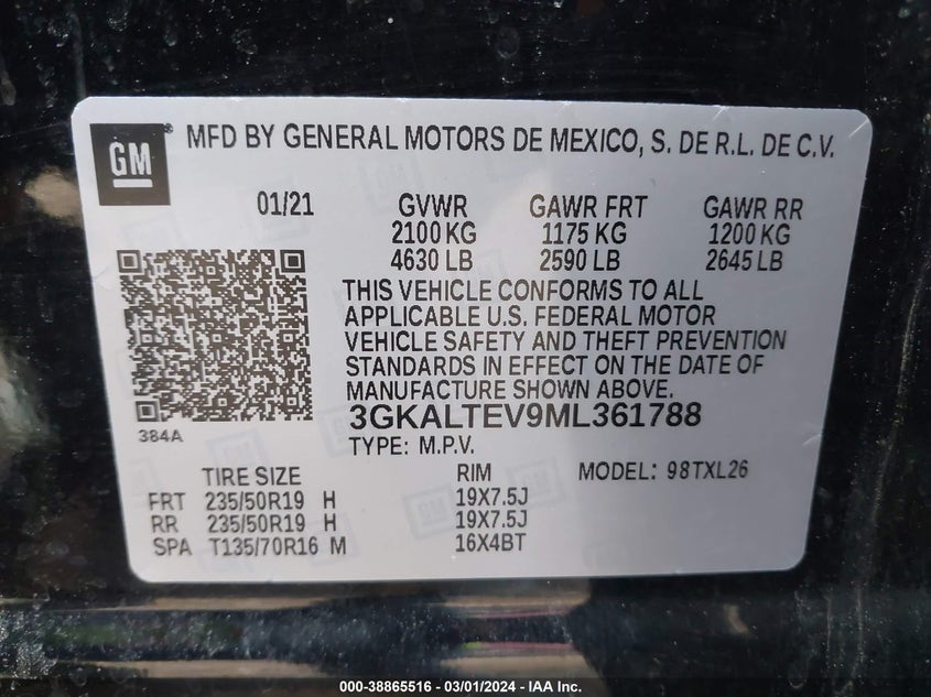 2021 GMC TERRAIN 1.5L I-4 DI, DOHC, V(VIN: 3GKALTEV9ML361788