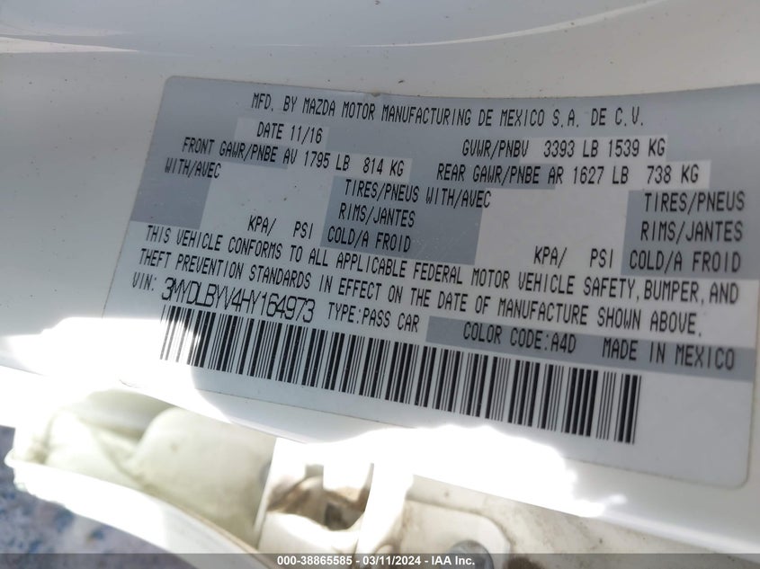 VIN 3MYDLBYV4HY164973 2017 TOYOTA YARIS IA