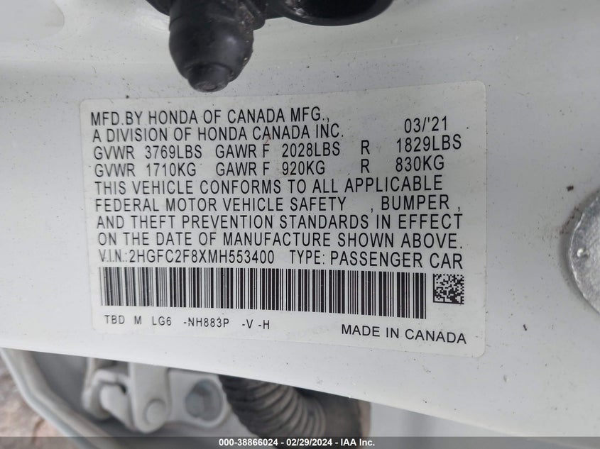 VIN 2HGFC2F8XMH553400 2021 HONDA CIVIC SPORT