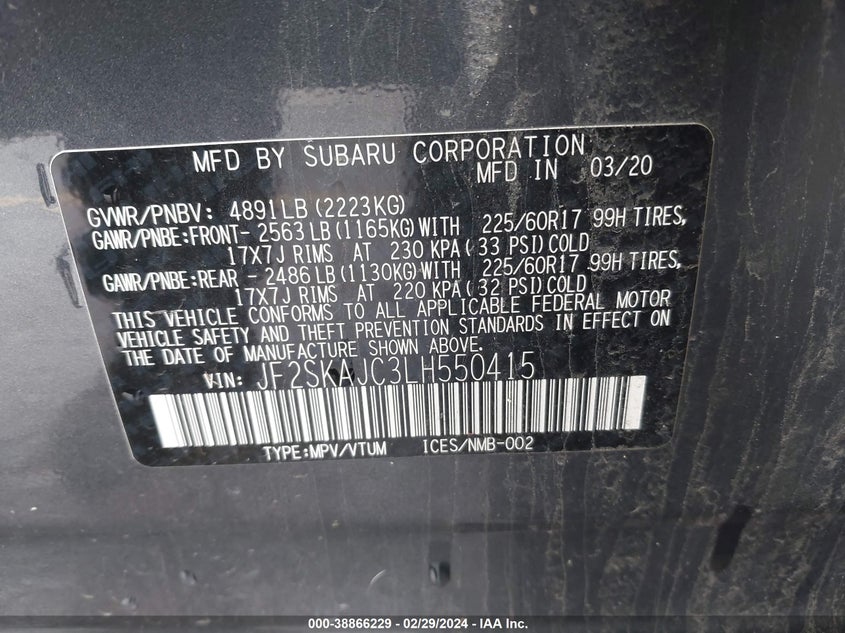 VIN JF2SKAJC3LH550415 2020 SUBARU FORESTER PREMIUM