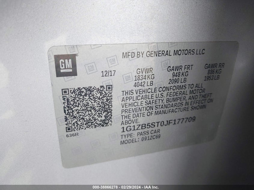 2018 CHEVROLET MALIBU VIN: 1G1ZB5ST0JF177709