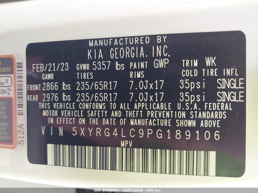 2023 KIA SORENTO 2.5L I-4 DI, DOHC, V(VIN: 5XYRG4LC9PG189106