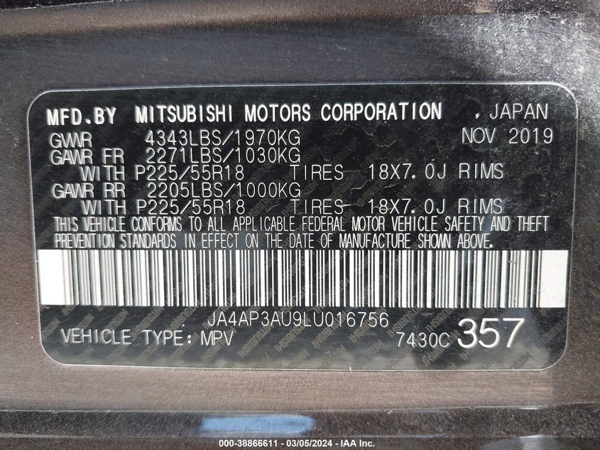 VIN JA4AP3AU9LU016756 2020 MITSUBISHI OUTLANDER SPORT 2.0 BE/2.0 ES/2.0 SP