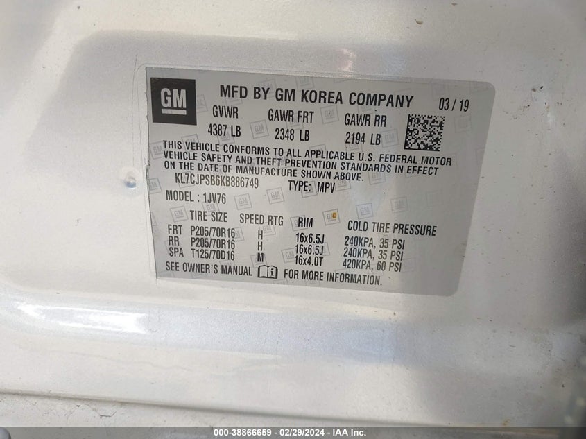 VIN KL7CJPSB6KB886749 2019 CHEVROLET TRAX 1LT
