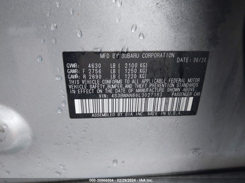 2020 SUBARU LEGACY LIMITED - 4S3BWAN66L3027183