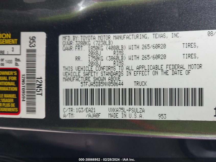 VIN 5TFJA5DB5NX050644 2022 TOYOTA TUNDRA LIMITED