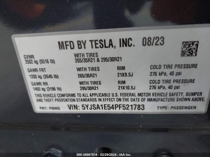 2023 Tesla Model S Dual Motor All-Wheel Drive/Standard Range VIN: 5YJSA1E54PF521783 Lot: 38867516