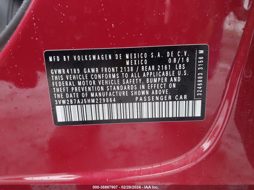 VIN 3VW2B7AJ5HM229864 2017 VOLKSWAGEN JETTA 1.4T S
