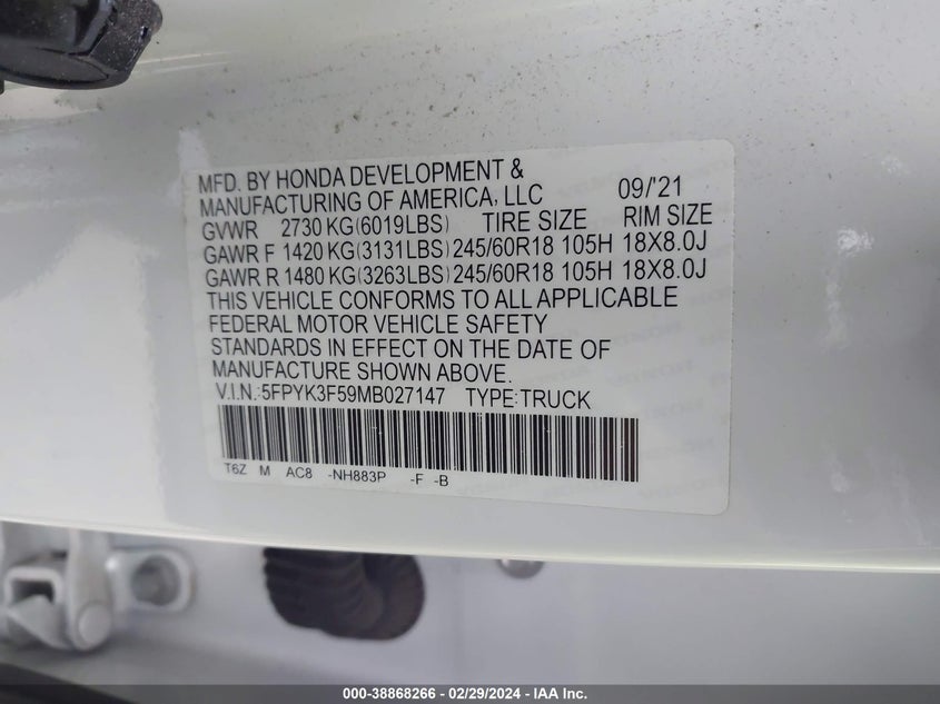 2021 HONDA RIDGELINE RTL - 5FPYK3F59MB027147