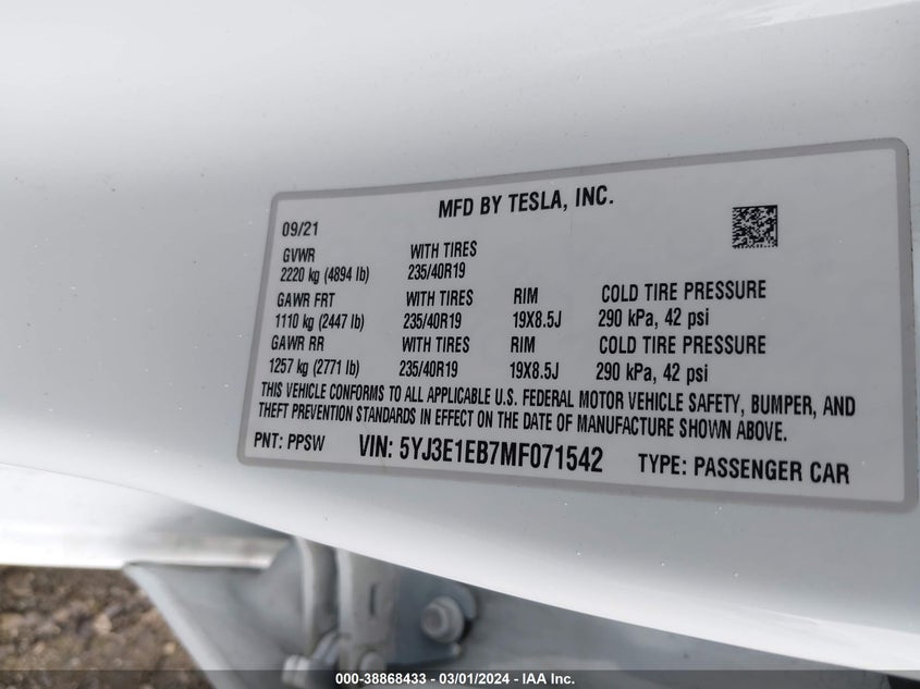 VIN 5YJ3E1EB7MF071542 2021 TESLA MODEL 3