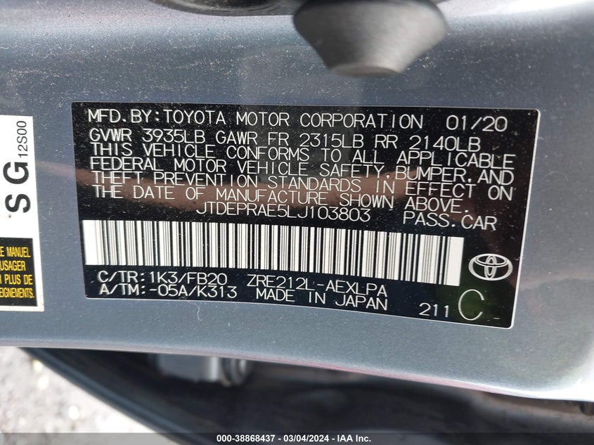 2020 TOYOTA COROLLA LE - JTDEPRAE5LJ103803