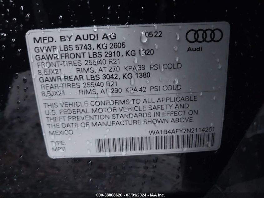 2022 Audi Sq5 Premium Plus Tfsi Quattro Tiptronic VIN: WA1B4AFY7N2114261 Lot: 38868626