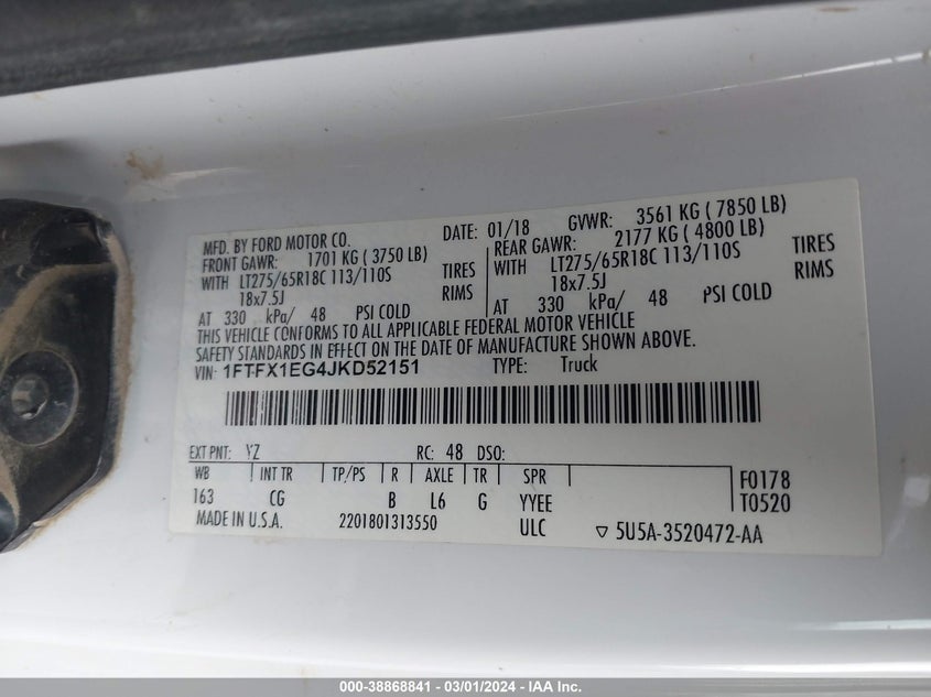 VIN 1FTFX1EG4JKD52151 2018 FORD F-150 XL