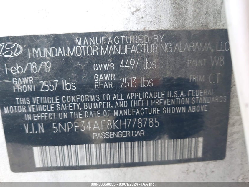 VIN 5NPE34AF8KH778785 2019 HYUNDAI SONATA LIMITED/SEL/SPORT