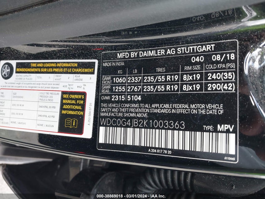 Auction sale of the 2019 MERCEDES BENZ GLC 300 , vin: WDC0G4JB2K1003363, lot number: 38869018