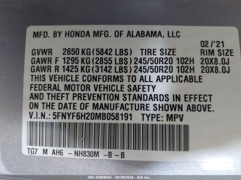 VIN 5FNYF6H20MB058191 2021 HONDA PILOT SE