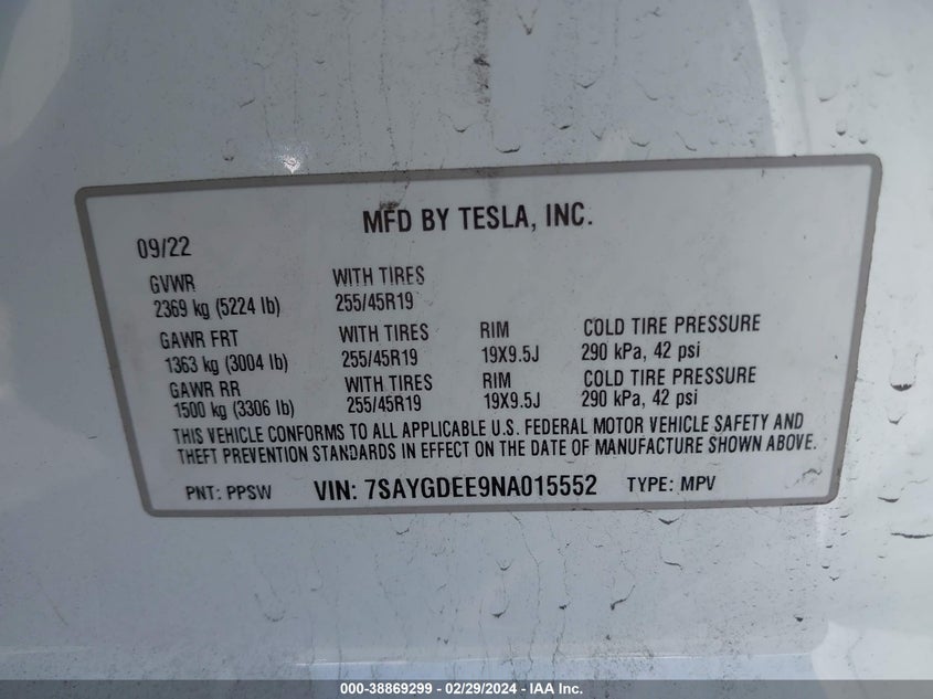 VIN 7SAYGDEE9NA015552 2022 TESLA MODEL Y LONG RANGE DUAL MOTOR ALL-WHEEL DRIVE