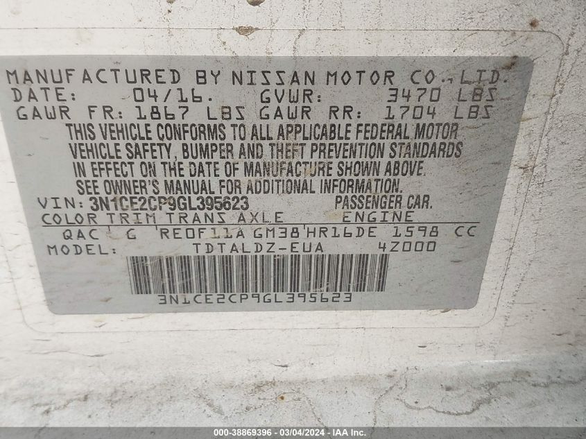 3N1CE2CP9GL395623 2016 Nissan Versa Note Sv