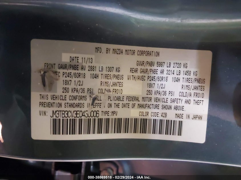 2014 MAZDA CX-9 TOURING - JM3TB3CV3E0430006