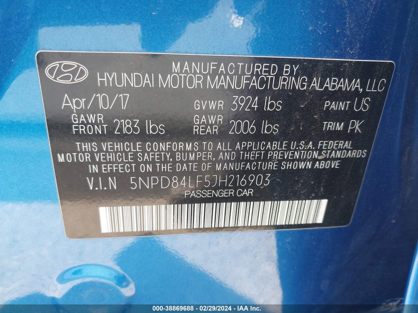 VIN 5NPD84LF5JH216903 2018 HYUNDAI ELANTRA SEL/VALUE/LIMITED