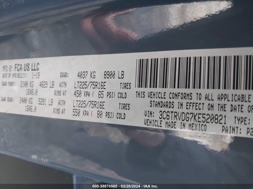 2019 RAM PROMASTER 2500 HIGH ROOF 159 WB 3C6TRVDG7KE520821