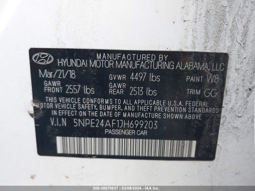 VIN 5NPE24AF1JH699203 2018 HYUNDAI SONATA SE