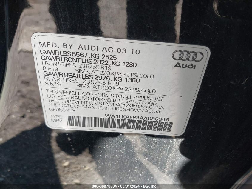 2010 Audi Q5 3.2 Premium VIN: WA1LKAFP3AA086346 Lot: 38870804