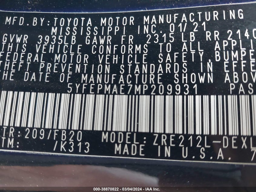VIN 5YFEPMAE7MP209931 2021 TOYOTA COROLLA LE