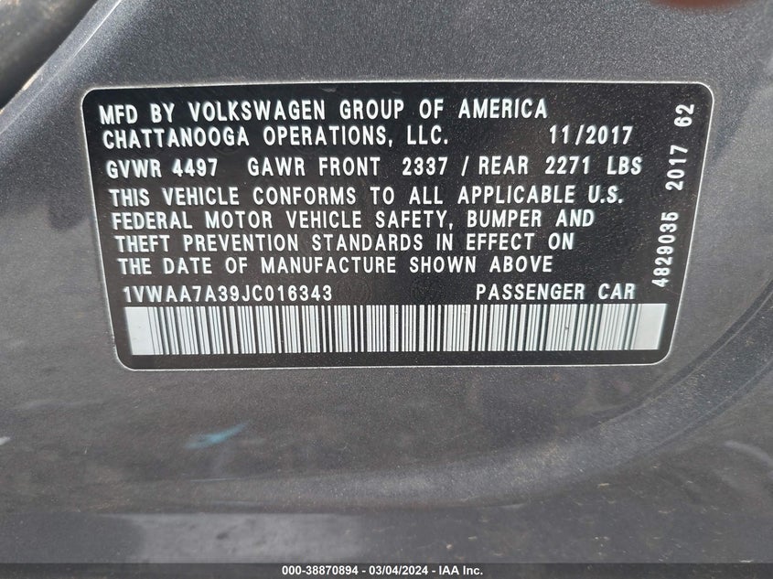 VIN 1VWAA7A39JC016343 2018 VOLKSWAGEN PASSAT 2.0T R-LINE/2.0T S