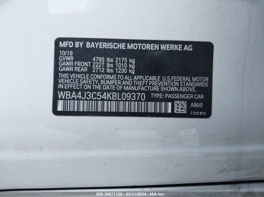 2019 BMW 430I GRAN COUPE GRAN COUPE - WBA4J3C54KBL09370