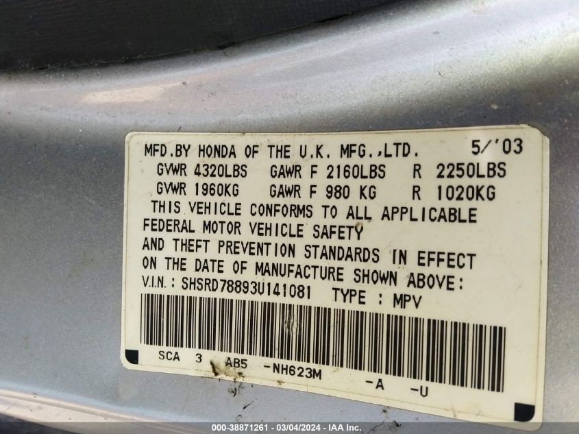 SHSRD78893U141081 2003 Honda Cr-V Ex