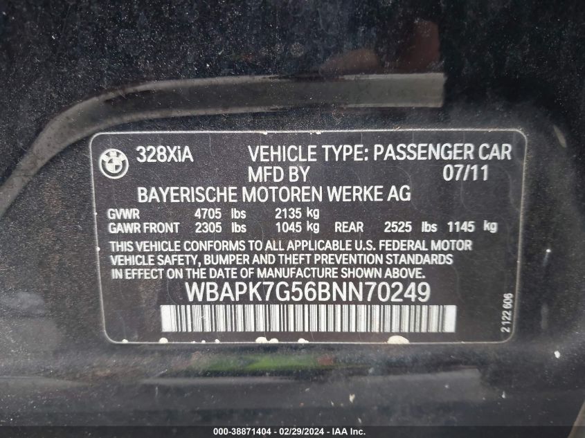 2011 BMW 328I xDrive VIN: WBAPK7G56BNN70249 Lot: 38871404